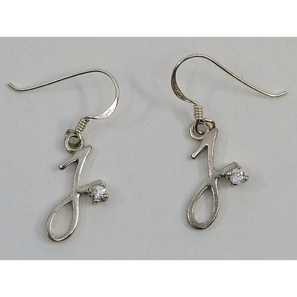 Sterling Silver Letter J Cubic‎ Zirconia Accent Dangle Earrings
